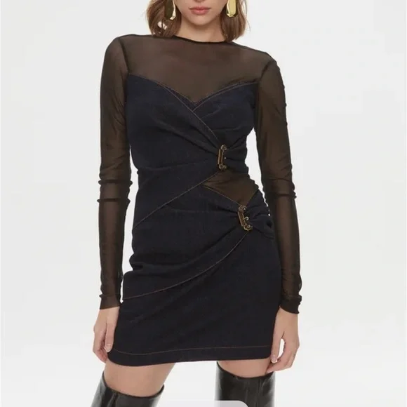 Versace denim stretch mesh black dress 8/10
